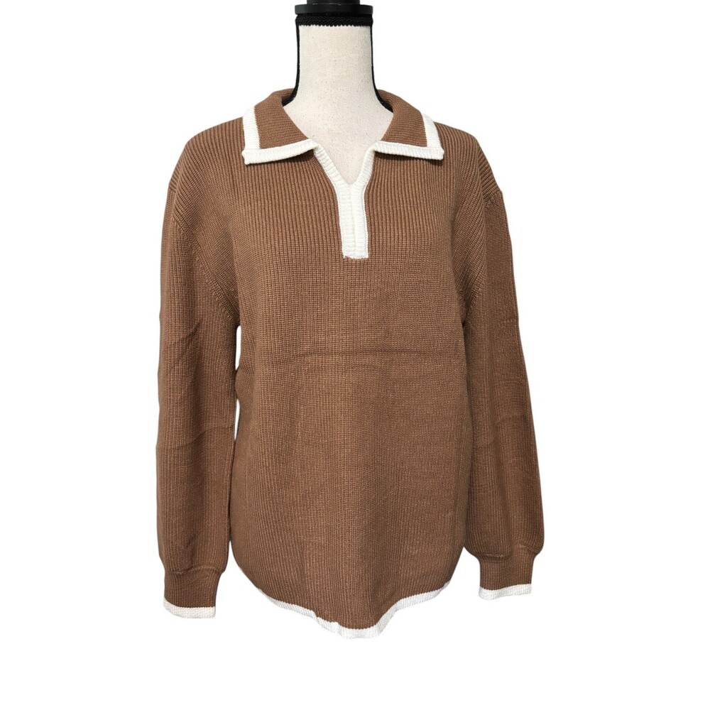 Dokotoo Ribbed Knit Polo Sweater Brown Sz Large White Trim